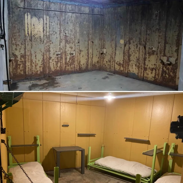 [LA CHAMBRÉE DES SOUS-OFFICIERS RESTAURÉE]

📌 Située au rez-de-chaussée du Bloc 3 du PO Laudrefang, la pièce était dans un triste état à notre arrivée en 2008. 

💪 Vidée de 90% de son mobilier, recouverte de rouille et de suie, elle allait demander beaucoup d’efforts pour retrouver de sa superbe.

Notamment : 

✅ Décapage complet, protection des parties métalliques contre la rouille, mise en peinture définitive en respectant la teinte « ocre » d’époque.
✅ Fabrication de nouveaux lits à partir de montants de lits et de sommiers récupérés dans l’ouvrage abandonné de Coume Annexe Sud avec l’accord de la commune de Bisten-en-Lorraine, propriétaire des lieux.
✅ Pose d’une table rabattable.
✅ Fabrication d’une nouvelle étagère à partir d’un modèle original encore en place au premier sous-sol du Bloc.
✅ Fabrication d’un caisson mural.
✅ Pose d’une nouvelle conduite d’eau jusqu’au lavabo – dont les attaches d’origine sont encore présentes (il nous faut désormais trouver le modèle correspondant).

Voilà désormais une chambrée flambant neuve avec des lits bien confortables (approuvés par nos soins 😀).

 #patrimoine #lignemaginot #mémoire1940 #passionhistoire
